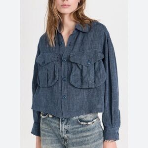 R13 Cropped Linen Bellow Pocket Shirt in Indigo Blue Size Small NWOT
